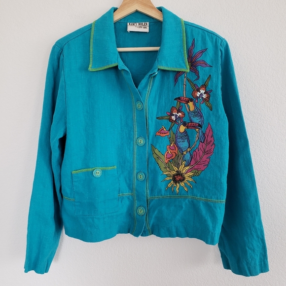 Vintage Jackets & Blazers - Turquoise Linen Toucan & Orchid Jacket